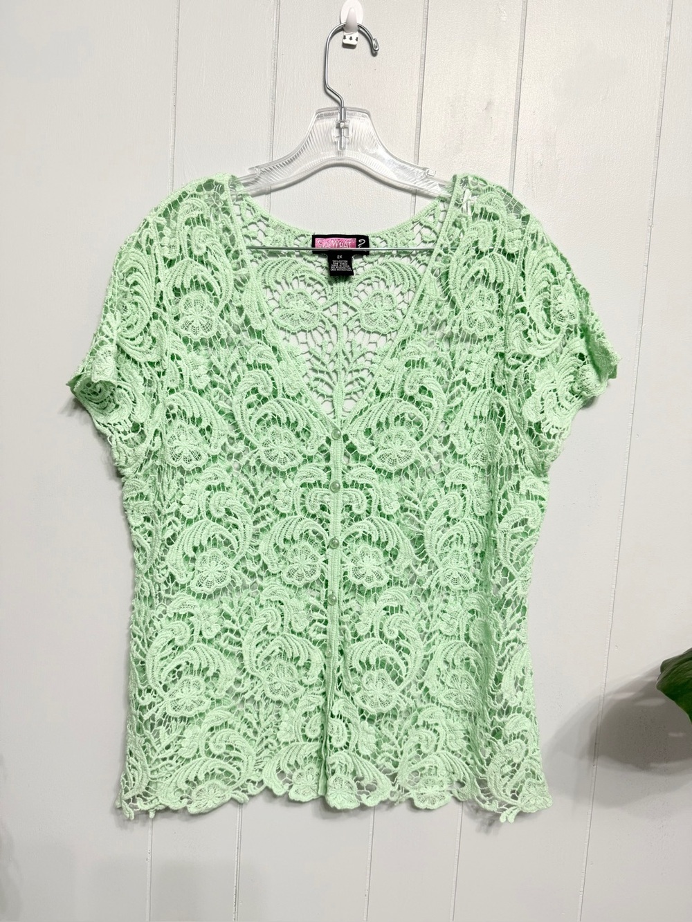 #18) Say What? Mint Green Crochet Lace V-Neck with button down Short Sleeve  top